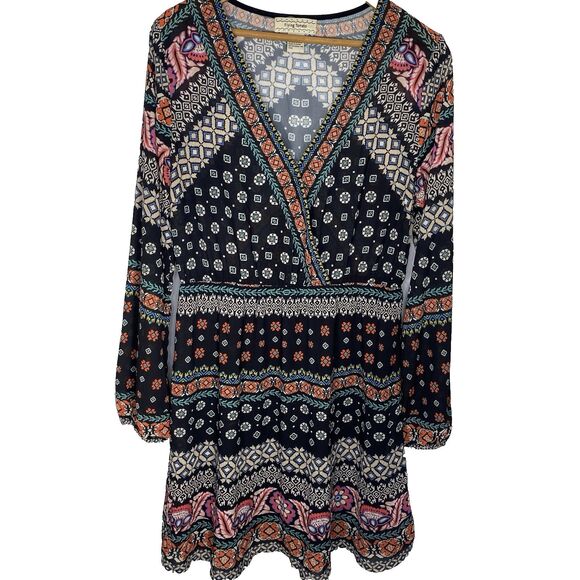 FLYING TOMATO Dress Floral Geometric V Neck Long Sleeve Boho Sz L Anthropologie - Picture 1 of 11